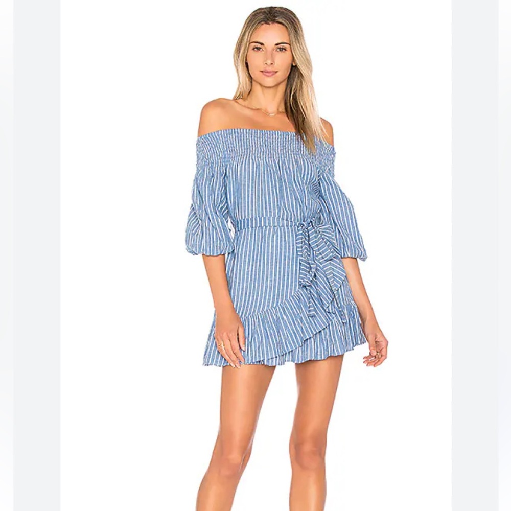 Tularosa - Maida Ruffle Dress - Blue & White Stripes - Off-Shoulder - Size: M